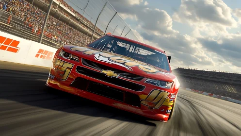 Scarlet stock car slingshots through a sunlit speedway.