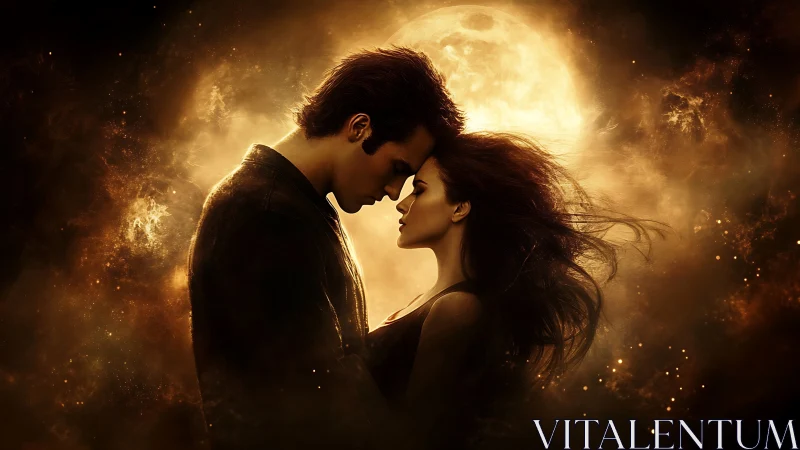 Silhouetted couple embracing beneath luminous full moon with golden atmospheric haze.