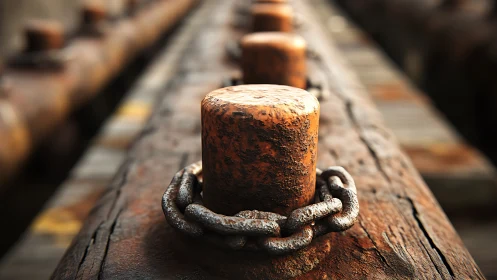 Rusty bollards and chain on weathered wooden dock surface.