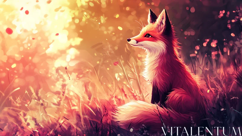 Fox sits in glowing meadow as warm evening light blooms