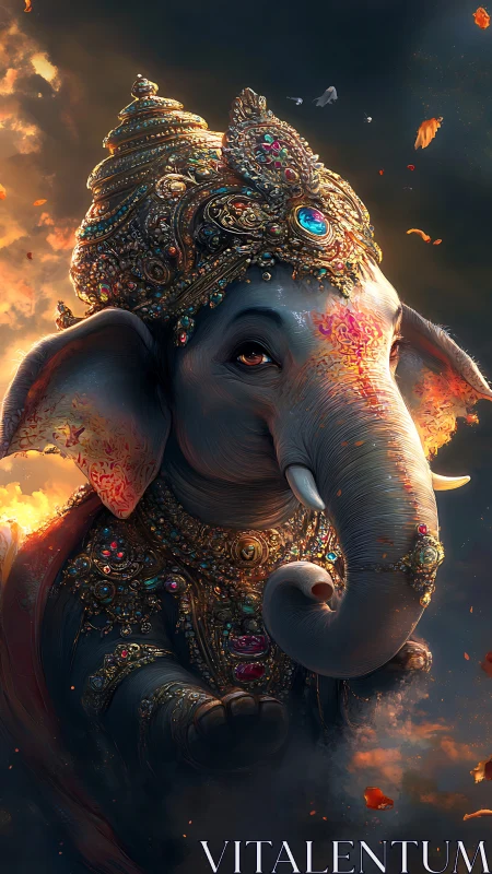 Ornate anthropomorphic elephant figure in jeweled regalia.