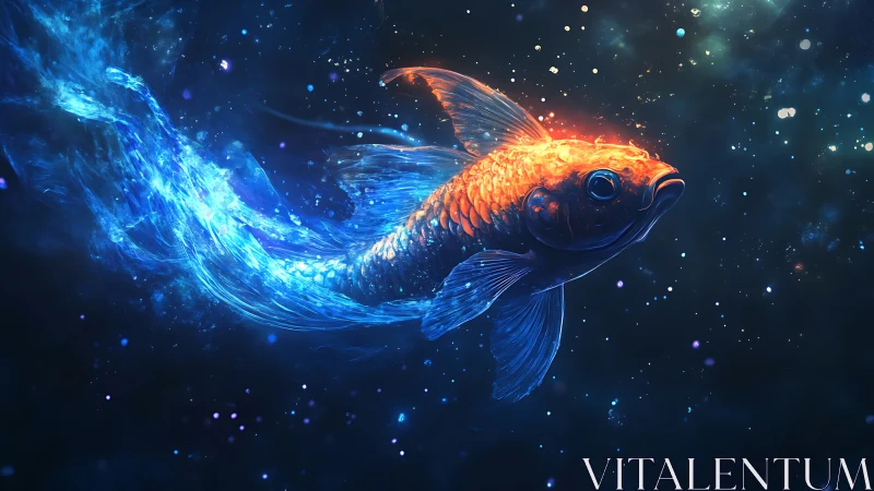 Digital illustration depicts a luminous orange and blue fish