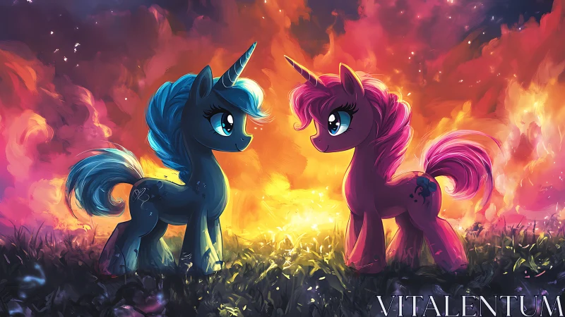 Two unicorn ponies stand facing each other in vivid light