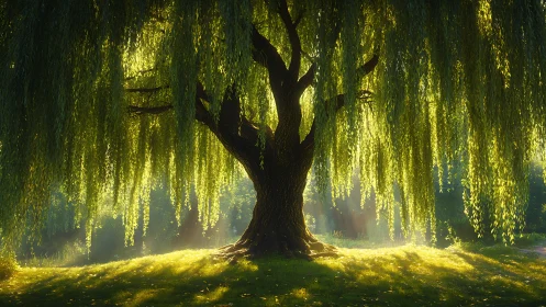 Sunlit willow tree with cascading green canopy at dawn.