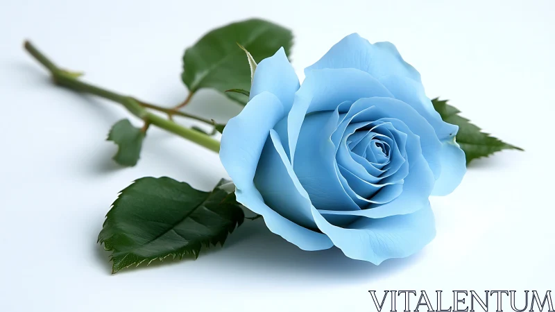 Delicate Blue Rose with Green Leaves on White.