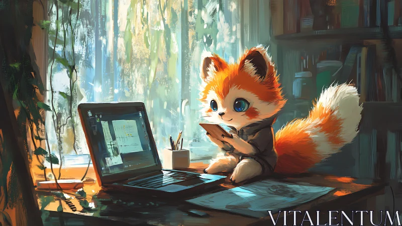 Digital painting of fox scholar in sunlit creative home studio.