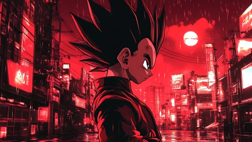 Cyberpunk anime warrior in neon-soaked dystopian streetscape.