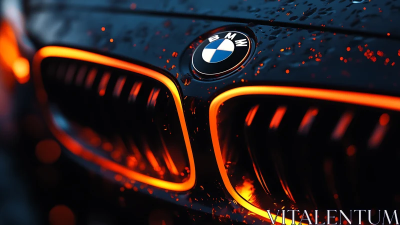 BMW front grille macro with neon orange rim lighting detail.