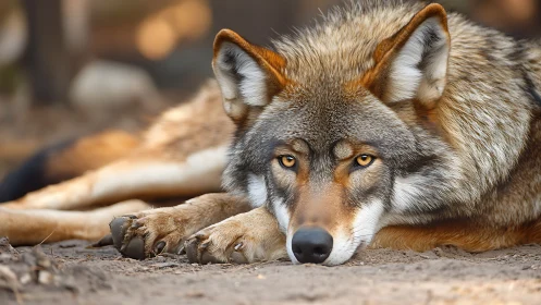 Resting wolf captured in shallow-depth, high-detail portrait