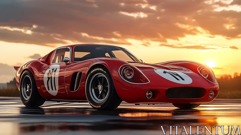 Vintage red race car rendered in cinematic golden sunset light.