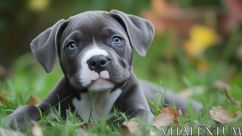 Blue-eyed garden dreamer puppy lounges in soft autumn grass.
