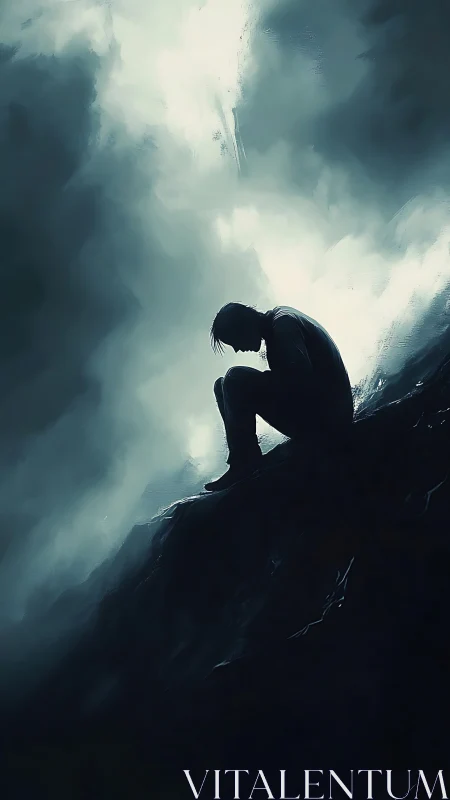 Quiet silhouette on a cliff wrapped in moody twilight.