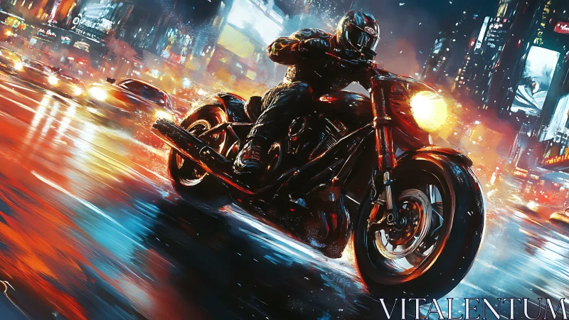 Motorcycle rider cuts through neon soaked cyberpunk city rain