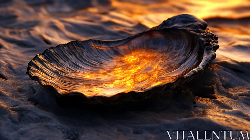 Glowing seashell cradles sunset light on rippled sand