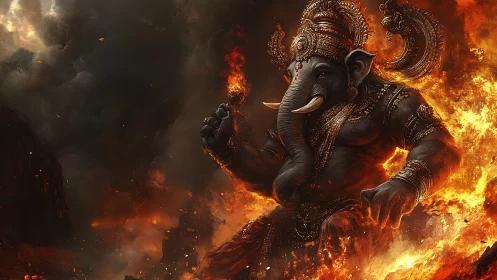 Elephant-headed fire guardian strides through storming embers