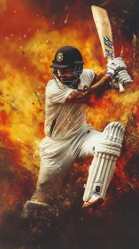 Dynamic cricket batsman amid explosive abstract backdrop.