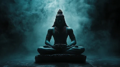 Backlit Shiva sculpture in meditative pose within volumetric fog