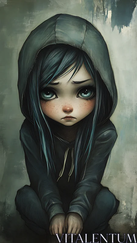 Melancholic hooded girl with exaggerated ocular anatomy study.