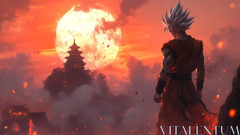 Storm-silver warrior measures a burning sky over ancient towers