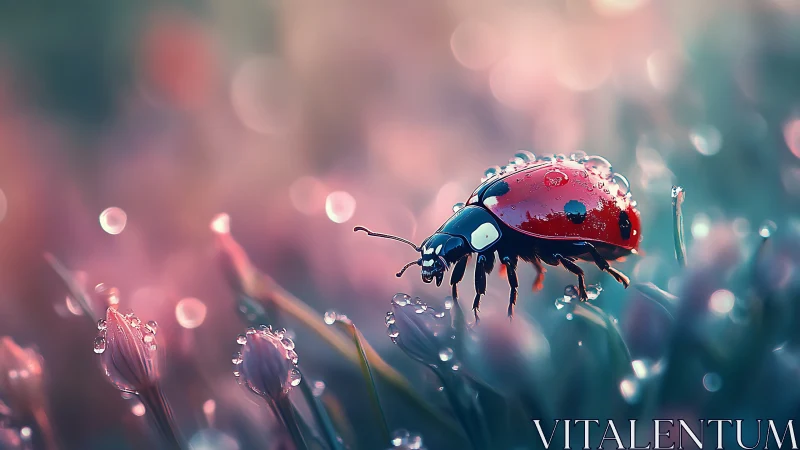 Ladybug walks through dewy blossoms in dreamy morning light