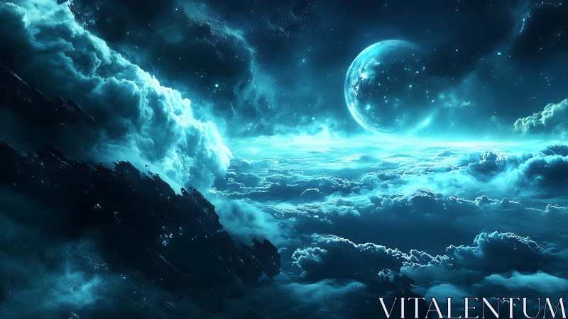 Moonlit clouds drifting through a glowing cosmic sea.