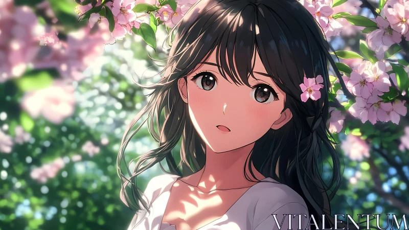 Anime girl under cherry blossoms in soft spring light.
