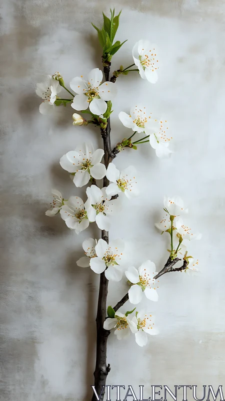 White blossoms cluster densely along dark branch against neutral background
