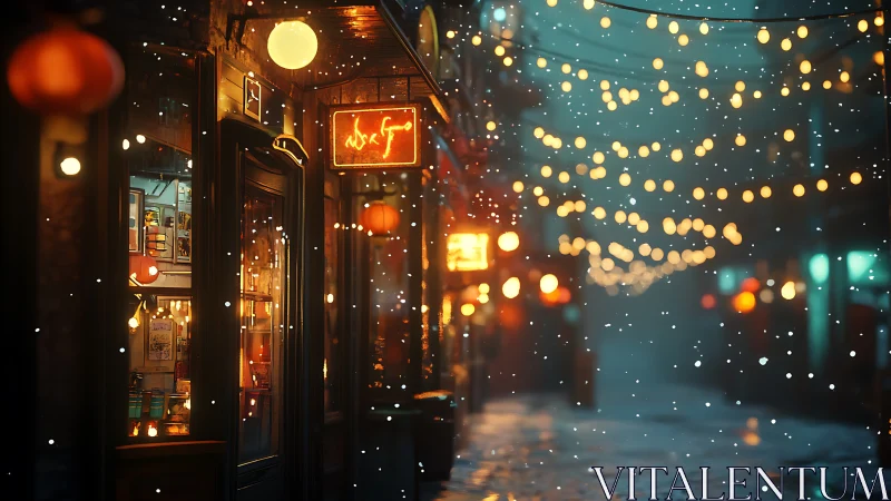 Snowy lantern alley under warm neon shopfront glow.