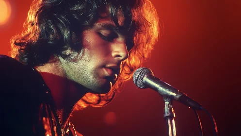 Moody singer leans into vintage mic under fiery stage glow