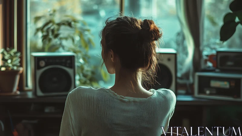 Woman seated indoors facing speakers and window view.