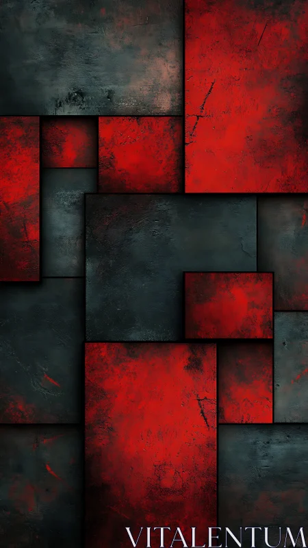 Crimson and charcoal panels form a textured abstract grid.