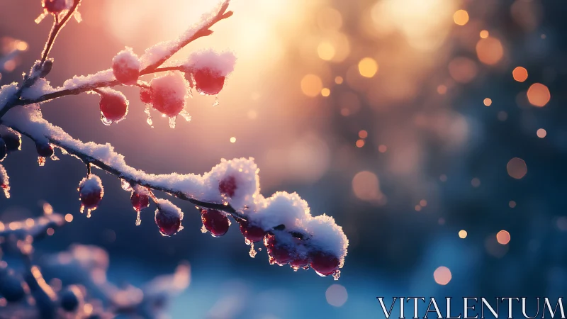 Snow covered berries against warm winter sunset light.