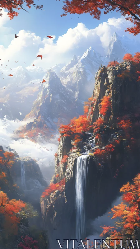 Vertical alpine canyon with twin waterfalls and autumn maples