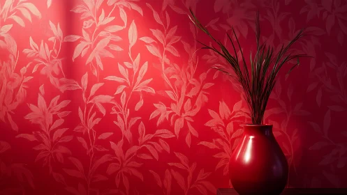 Photorealistic red vase against tonal botanical wall surface.