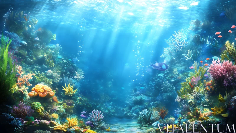 Sunlit coral reef glows with vibrant marine biodiversity