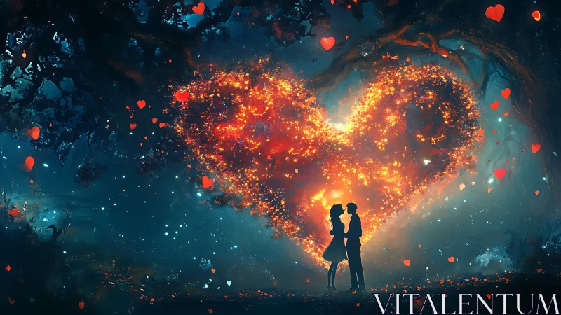 Silhouetted couple beneath explosive particle heart rendered with volumetric light simulation