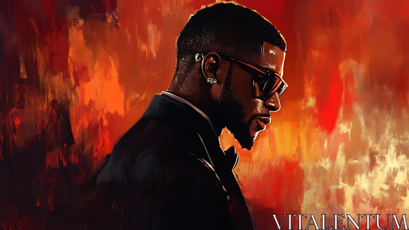 Digital side-profile portrait depicts suited man in red field