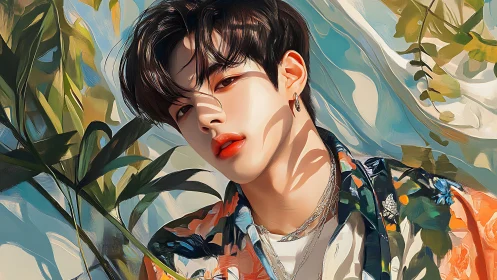 Young man in patterned shirt stands among sunlit foliage