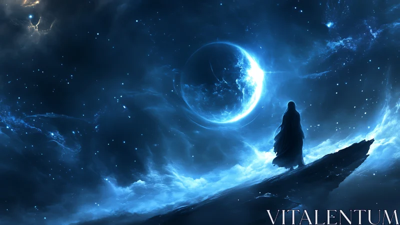 Solitary robed figure overlooks luminous blue alien world