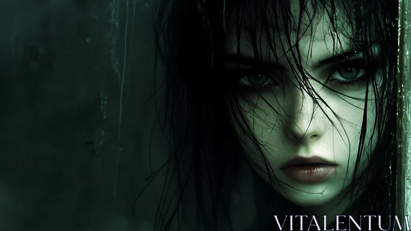 Haunting emerald gaze of a mysterious rain-soaked girl.