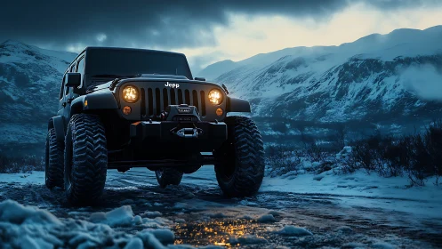 Off-road Jeep dominates frozen mountain trail at dusk.