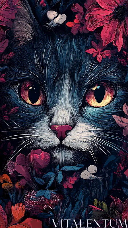 Cat face with luminous gradient eyes surrounded by dark floral arrangement