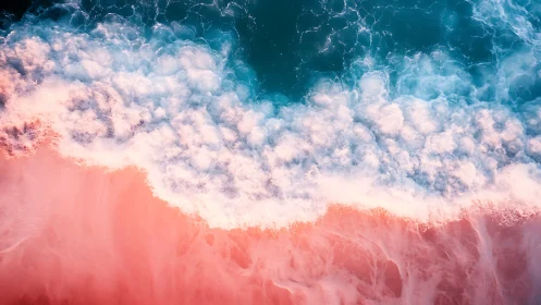 Aerial view of teal ocean surf over soft pink shore.