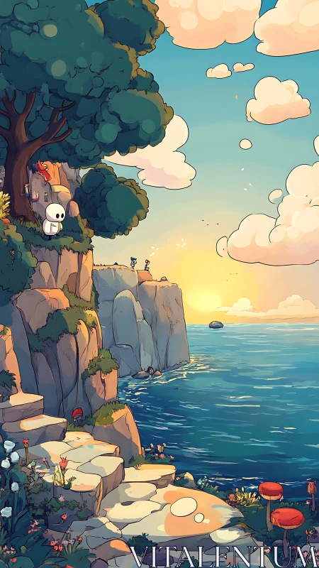 Clifftop Treehouse at Sunset Over Ocean.