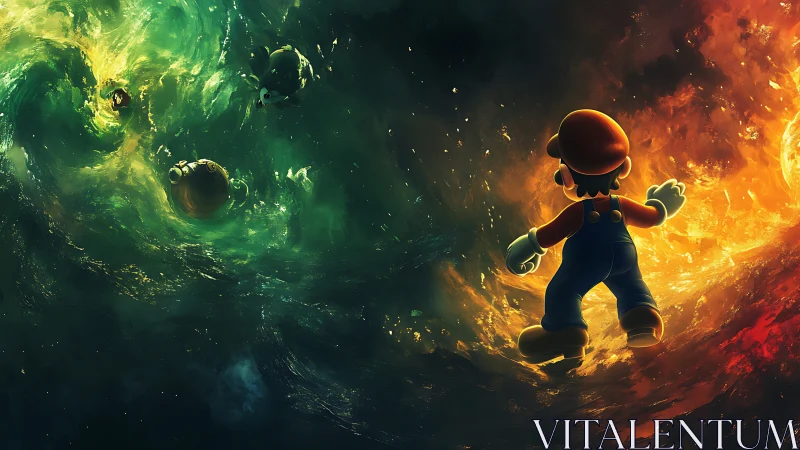 Dynamic space vortex scene with stylized plumber under dual nebulae