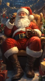 Cozy Santa savoring cocoa in a glowing Christmas corner.