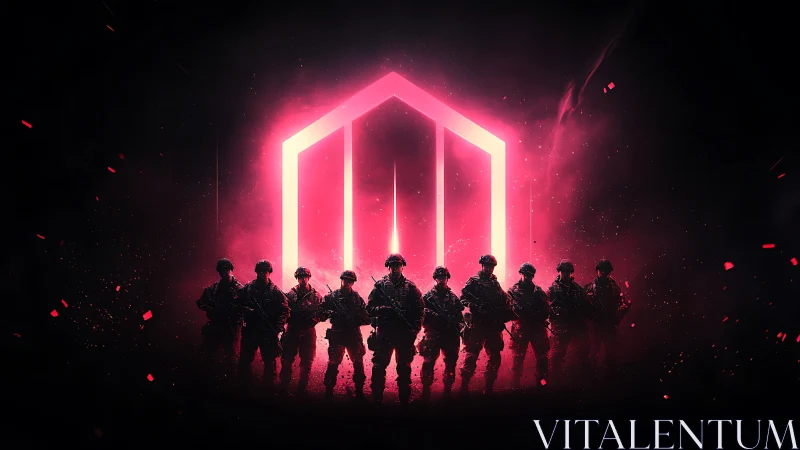 Elite soldiers stand before neon portal in crimson haze