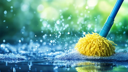 Wet yellow mop head in motion on reflective water surface.