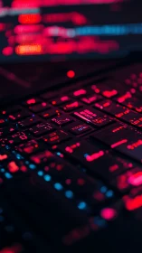 Backlit keyboard with neon code glow in deep focus.