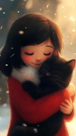 Girl Embracing Black Cat in Warm Golden Light